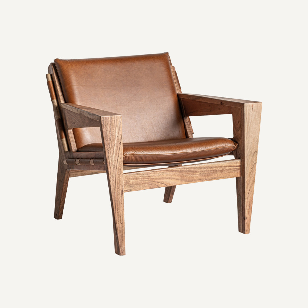 Fauteuil en cuir marron et bois d'acacia | Vical Melle - Image 1