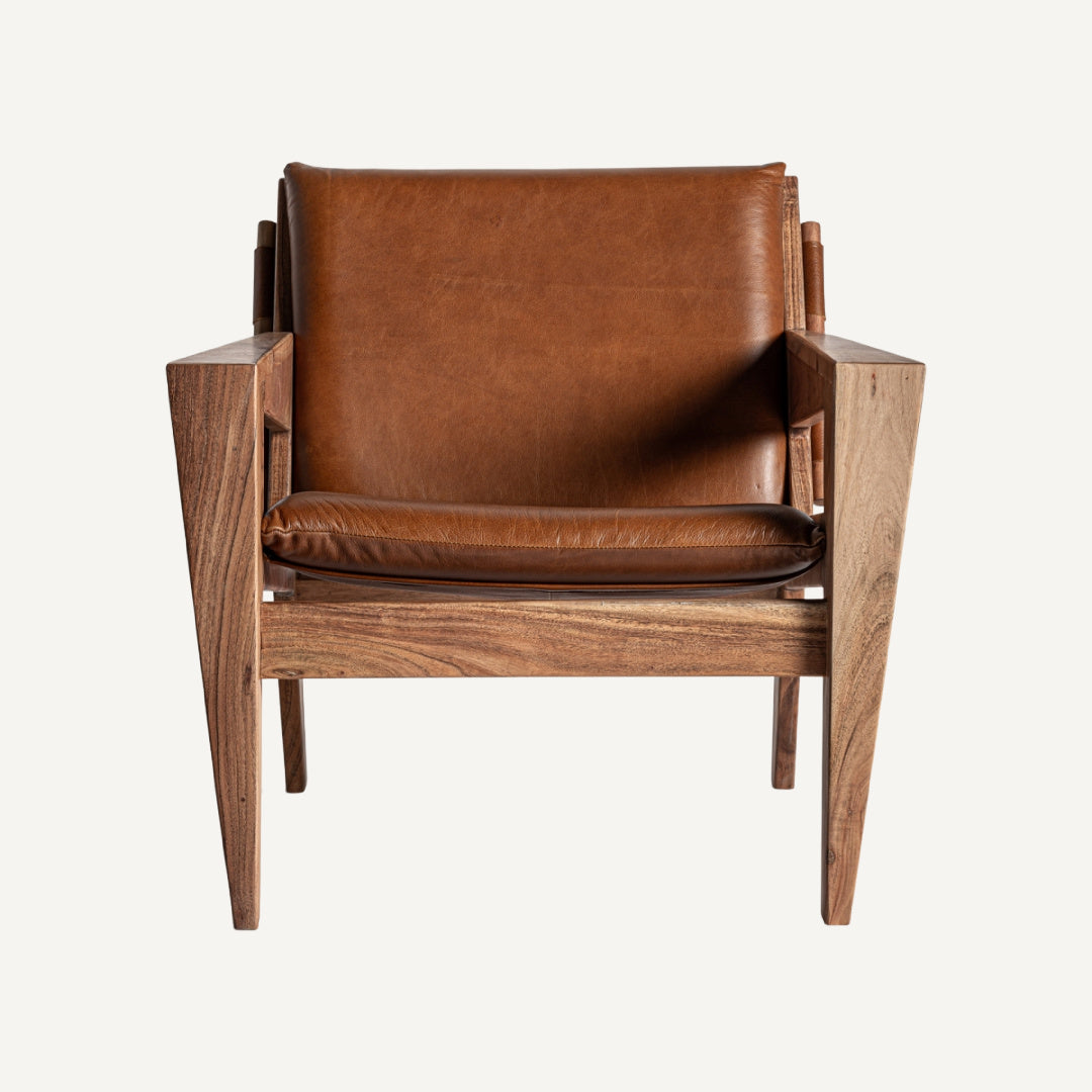 Fauteuil en cuir marron et bois d'acacia | Vical Melle - Image 2